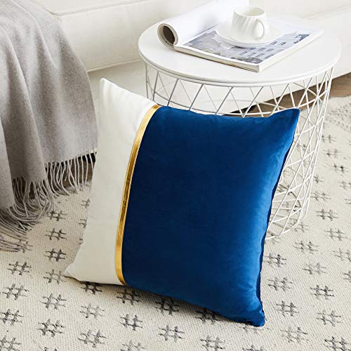 Image of Fancy Homi 2 Packs Decorative Throw Pillow Covers 18x18 Inch for Living Room Couch Bed, Navy Blue and White Velvet Patchwork with Gold Leather, Luxury Modern Home Decor, Accent Cushion Case 45x45 cm