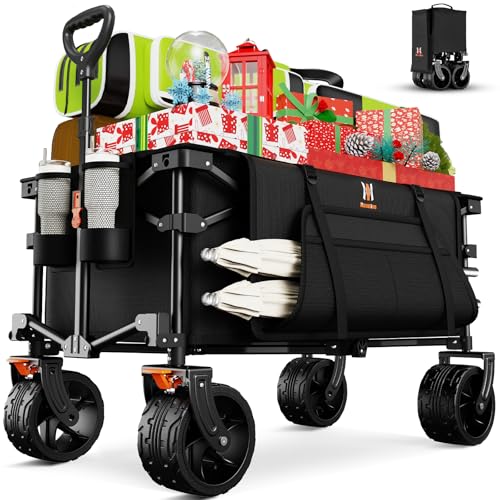 Navatiee Big Wheels Collapsible Wagon Cart Foldable, Heavy Duty Beach Wagon with Silent All-Terrain Wheels, Folding Utility Grocery Cart with Side Pocket and Brakes for Camping Garden Sports, Black