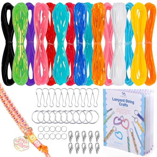 PP OPOUNT Lanyard String Kit for Summer Camp Adults 15 Plastic Gimp Strings with 40 Keychain Accessories & Instructions DIY Bracelets Keychains Adults Gift Craft Set(Solid/Glitter/Laser Colors)