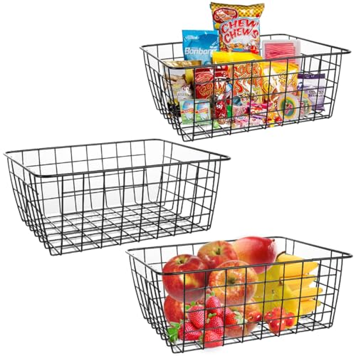 LOSYHU Lot de 3 paniers de rangement en fil métallique noir avec poignée pour garde-manger, congélateur, armoires de cuisine, maison, bureau, salle de bain