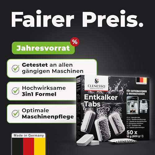 CLENESSO 3-in-1 Entkalker für Kaffeevollautomat & Kaffeemaschinen (50 Stück) – Entkalkungstabletten kompatibel mit Siemens eq Series, Jura, Krups, Delonghi, Philips, Miele uvm. - Beste Entkalkung