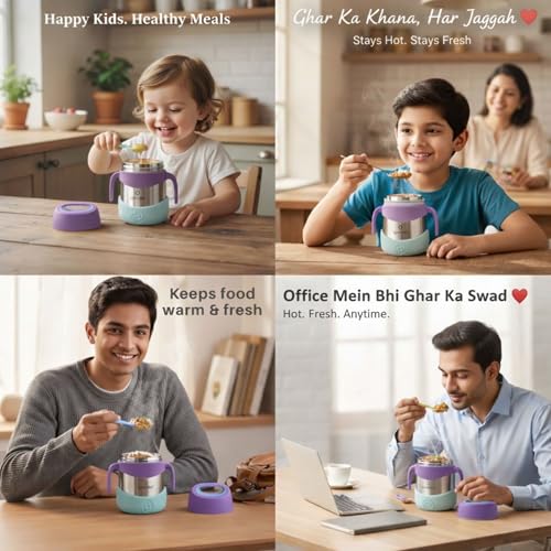 Image of Speedex Kids Insulated Food Jar 320ml Lilac Fun (Purple), 304 Stainless Steel Lunch Box with Handle & Spork, Leak Proof BPA-Free Double Wall Vacuum Tiffin, Hot & Cold Food Container