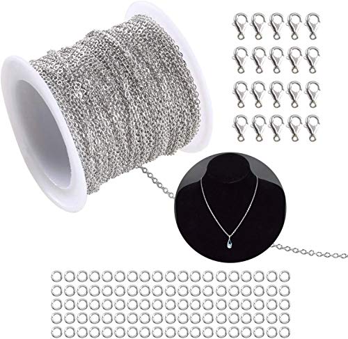 Remebe 33 pies cadena de Cable de enlace de acero inoxidable con cierres de langosta 20 y 40 saltar anillos para hombres mujeres cadena de joyería DIY Making, 2.0 mm