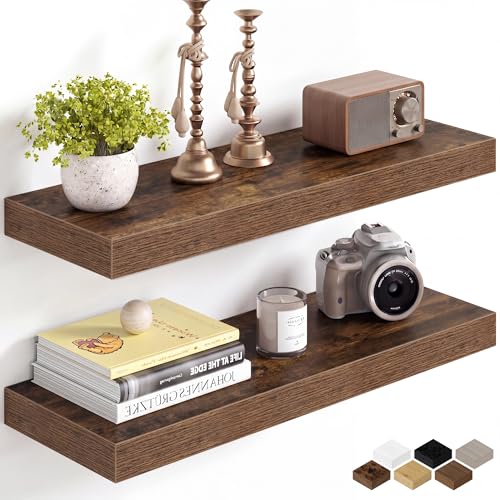 Image of Fun Memories 24Inch Floating Shelves for Wall, 8 Inch Deep Shelves for Bathroom|Bedroom|Kitchen Wall Mounted, Wood Hanging Shelf with Invisible Brackets for Home Storage Decor, Rustic Brown - 2 Pack