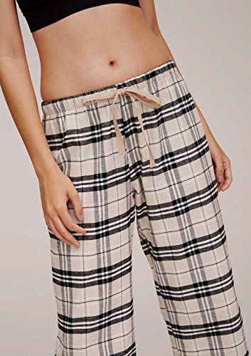 Calça Feminina Pijama Xadrez Cintura Média Em Flanela Bege G