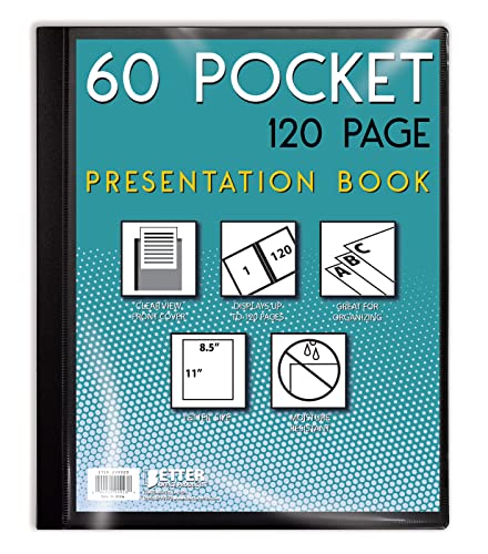 60 Pocket Bound Black Presentation Book, with Clear View Front Cover, 120 Sheet Protector Pages, 8.5" x 11" Sheets, by Better Office Products, Art Portfolio, Durable Poly Covers, Letter Size