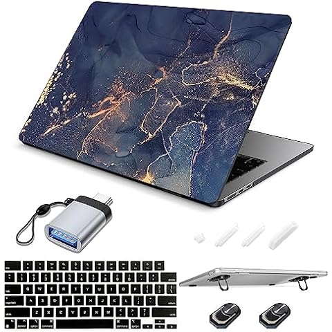 SanMuFly for 2023 New MacBook Air 15 inch Case A2941 M2 15.3" with Retina, Crystal Black Plastic Hard Shell Case + Keyboard Skin Cover + Mini Portable Stand + OTG Adapter, Blue Gold Marble Cover
