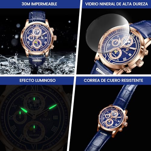 LIGE Reloj para Hombre CronóGrafo Cuarzo con Fecha DiseñO Fases De La Luna Correa De Negro Cuero Reloj Diari Resistente Al Agua – Relojes Elegantes para Los Negocios Y La Vida Diaria,Plata Blanca - Imagen 5
