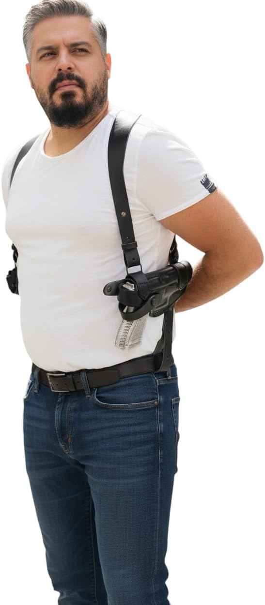 Rig for 1911 Leather Shoulder Gun Holster COLT 1911/Handgun Holster-Mag Pouch-Shoulder-Tie Down Straps Set (Hand Right)