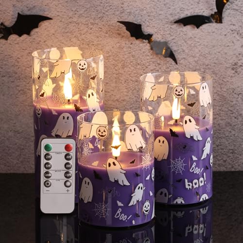 Image of Purple Ghost Halloween Flameless Pillar Candles with Remote Set of 3
