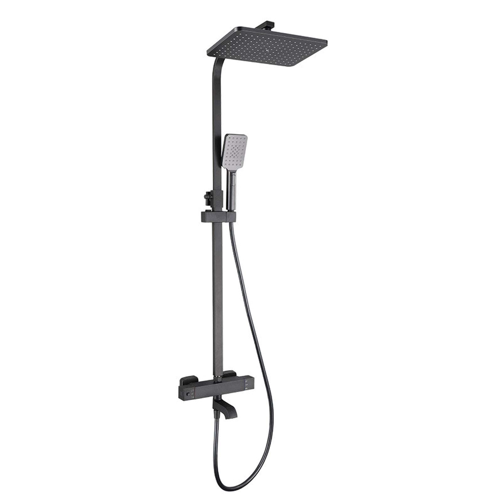 OZBMA Shower suit, Thermostatic Black Brass Bathroom Set with Overhead Head Tap, Adjustable Height Wall Mounted Mixer for Hotel Gym Adults,A