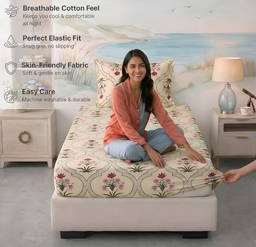 Image of BSB HOME 220 TC Cotton Fitted Single Bedsheet with 1 Pillow Cover, Soft Breathable, Elastic Fit, Fade Resistant, Easy Care - 36 x 72 + 6 Inches (Classic Floral Cream)