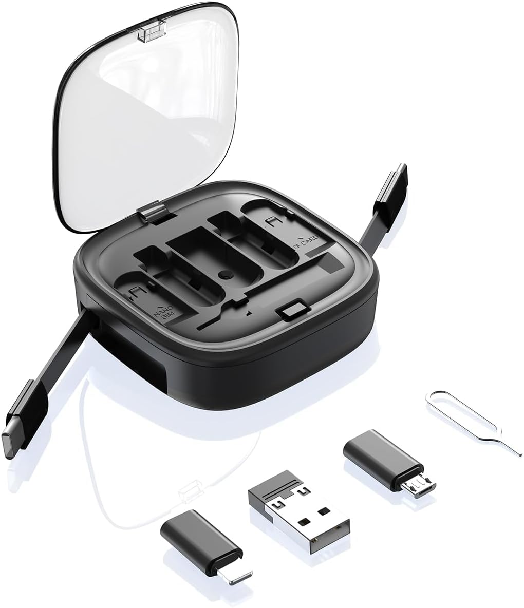 USB Adapter Storage Box, USB C to USB C Retractable Charging Cable Up to 3FT, Adapter Conversion Kit USB/Type-C to Micro/Type-C/Lightning, Data Transfer, Card Slot, Phone Holder (Black)(1 Pack)