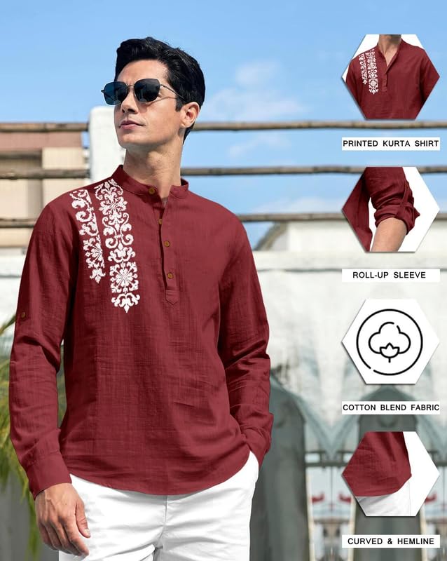 Image of FINIVO FASHION Men's Cotton Blend Short Kurta Shirt | Casual Ethnic Wear with Roll-Up Sleeves & Mandarin Collar | Comfortable Fit Tunic for Festive, & Summer Outings