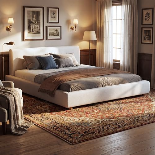 Image of Merax King Size Boucle Upholstered Platform Bed Frame with Headboard,Modern Soft Fabric for Bedroom with Wood Slats Support for Bedroom