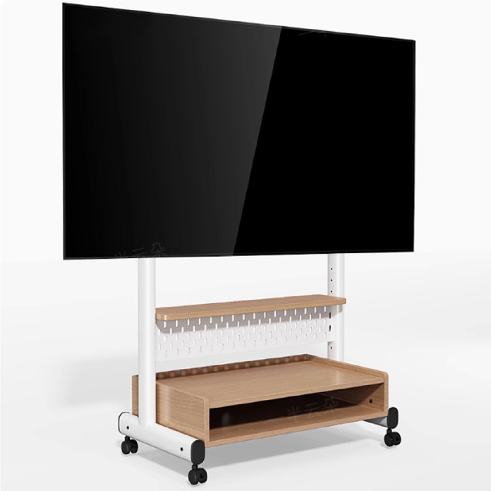 Lcd Tv Frame Floor Stand - Tv Stand On Wheels With Cabinet For 40-85 Inch, Soporte De Tv Móvil, Height Adjustment Portable Tv Floor Stand Tall With Wood Shelf, Mobile Tv Cart (White Frame+Wood Color)