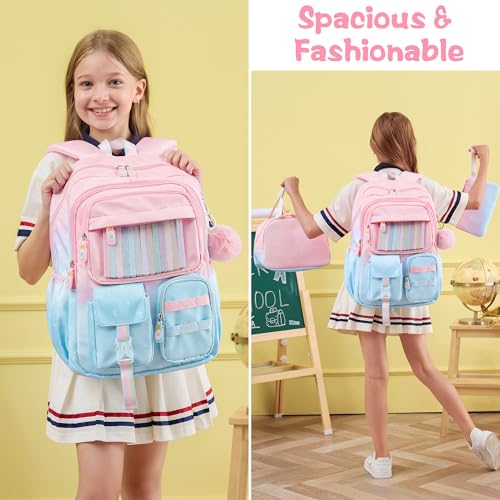 Fimibuke Backpack for Girls, 3 PCS Waterproof Kids Backpack with Lunch Box & Pencil Case, Gradient Backpacks for Teen Girl Kindergarten Elementary Middle High School Student Back to School Bookbag Set3