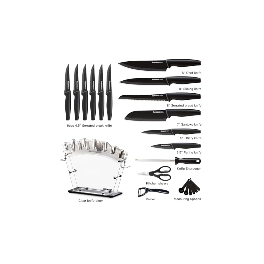 Astercook Knife Set, Kitchen Knives with Block and Sharpener 22 Pcs German Stainless Steel Knives Sharp Blade Dishwasher Safe Knife Set with Anti-slip Ergonomic Handle, Elegant Black