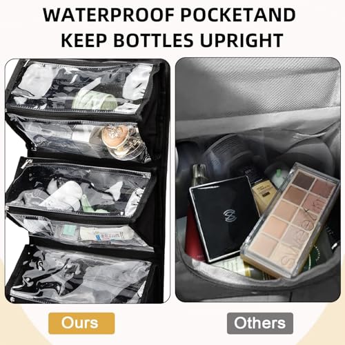 Roll Up Makeup Bag, Waterproof Toiletry Bag for Women, Hanging Travel Organizer bags with Jewelry Organizer Compartment, Extra Large 4 Clear TSA Approved Pouches Cosmetic Makeup (black)3