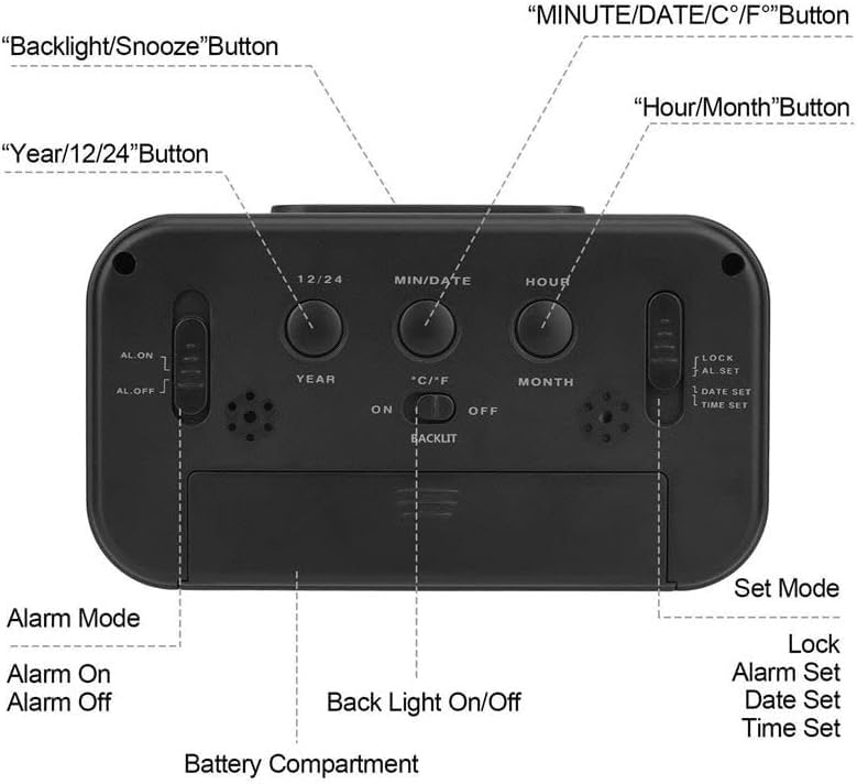 Reloj despertador digital con pantalla LCD grande electrónica con retroiluminación de repetición