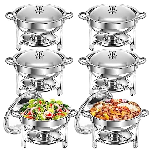 Tanlade 6 Pack 5 Qt Round Chafing Dish Buffet Set Stainless Steel Chafer Silver Catering Food Warmers Buffet Server with Food Pan, Water Tray, Fuel Holder, Lid for Serving Event Party Holiday Kitchen