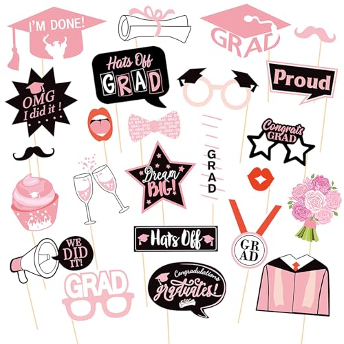 JOJO FLY 24 Pieces Graduation Photo Booth Props 2026 Pink Graduation Decorations 2026 Rose Gold Grad Party Decor Class of 2026 Congrats Grad
