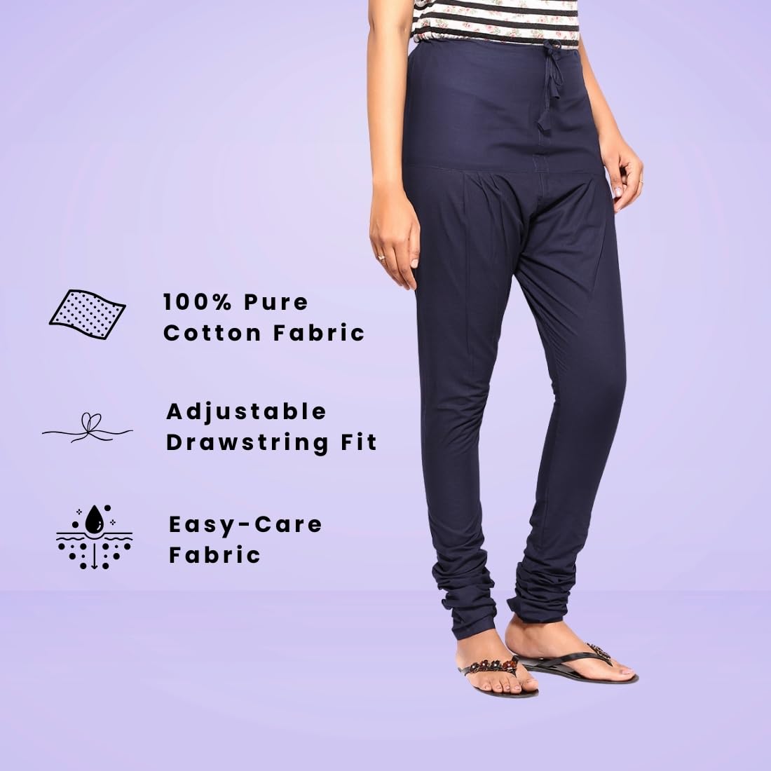 Happy Bunny Women’s Cotton Gathering Churidar Pants - Ethnic Gathereing Ankle, Drawstring Waist Bottoms for Kurtas, Office, Party, Casual Clothing (LG, Midnight Blue) - Image 2 thumbnail