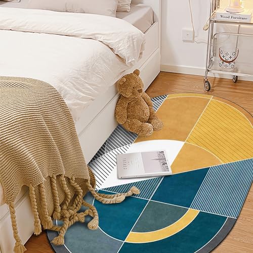 Ovale Tapis Salon Décoration,Blue,90 x 150 cm,Design Moderne Motifs géométriques Bleu Jaune Noir Gris,Tapis Moderne Poils Courts Lavable Intérieur...