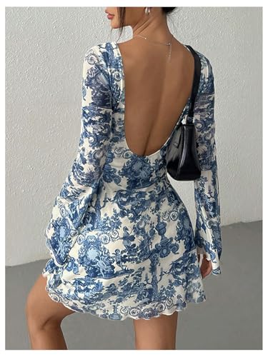 Milumia Women's Printed Long Bell Sleeve Mini Dress Vintage 90s Backless Mesh Dress2