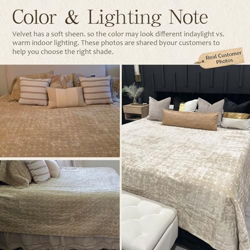 Image of Grassix Velvet Quilt Set King Size, Luxury Geometric Design, Beige | Lightweight Velvet Comforter with 2 Pillow Shams, Soft Bedspread Coverlet, Quilted Bedding Set for All Seasons, 108 inchx96 inch