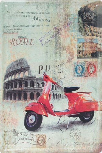 Rojo Piaggio Vespa @ Acient Rome, Metal Tin Sign, adorno de pared decoración de estilo vintage, tamaño 8 "x 12"