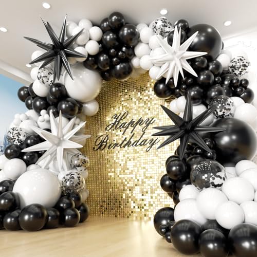 Image of 153Pcs Black and White Balloons Garland Arch Kit with Stars - 22 18 12 10 5 inch Different Size Black White Confetti Balloons for Birthday Anniversary Wedding Graduation Party Decorations