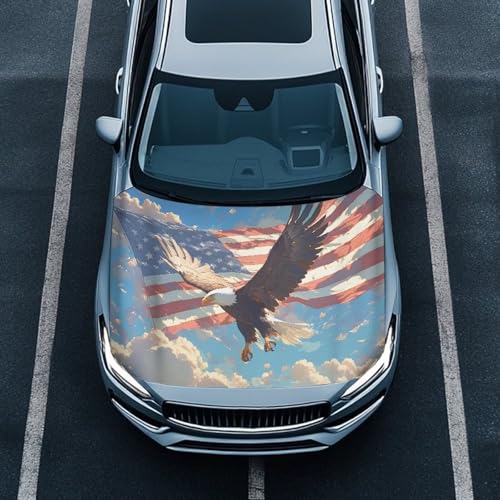 Image of American Flag Sky Eagle Design Car Hood Cover Protector Car Hood Flag 4th of July Patriotic Decorations Waterproof Sun-Proof Stretchable Automotive Exterior Accessories
