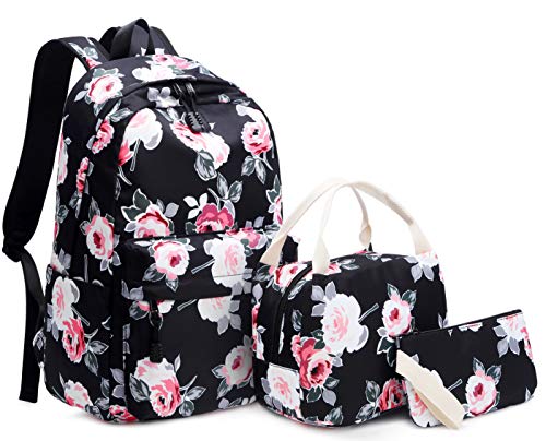 Zaini Scuola Ragazza Casual Borse Scuola Impermeabile Floral Zainetti per bambini Zaino Porta PC per Ragazze Donna Daypacks per Scuola Viaggio Sport con Borsetta e Penna Astuccio (Nero)