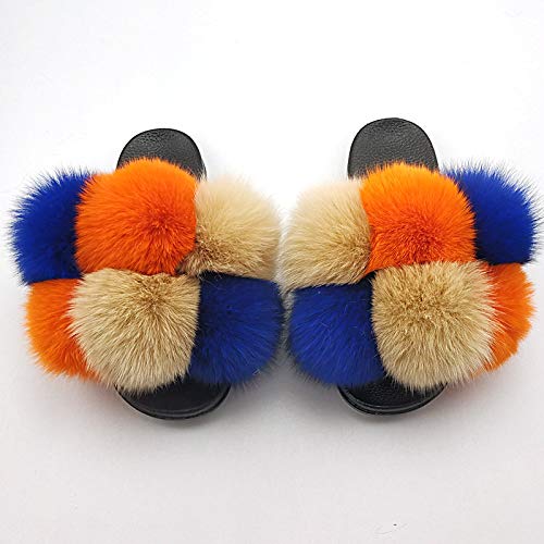 LVCOMEFF Women Real Fox Fur Sandals Fur Pom Poms Slides Slippers Summer Fluffy Outdoor Ball Plus Size3