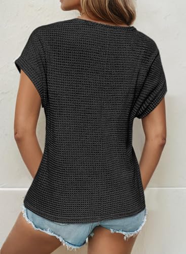 Dokotoo Women's Tops Casual Scoop Neck Short Sleeve Waffle Knit Hollow Out Shirts Loose Tunic Tops Blouses2
