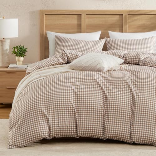 Image of Andency Gingham Duvet Cover King Size, Tan Brown Checkered Plaid Bedding Set, 3 Pieces Soft Prewashed Polyester Comforter Cover with Zipper Closure & Corner Ties
