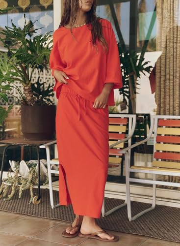 Womens Skirt Set Long Sleeve Crew Neck Casual Oversized Shirt Mid Length Skirt with Pockets Matching Set2