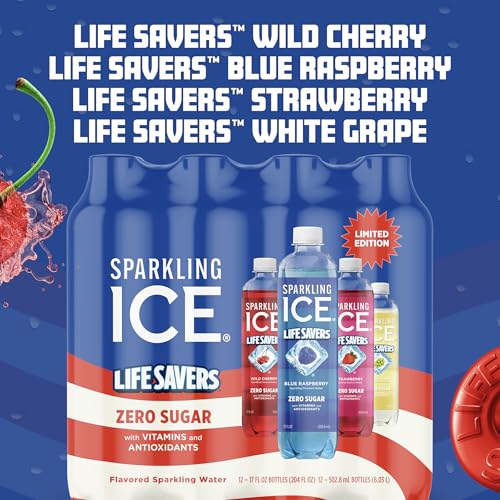 Image of Sparkling Ice LIFE SAVERS Red, White and Blue Variety pack, Zero Sugar Flavored Sparkling Water, with Vitamins and Antioxidants, Low Calorie Beverage, 17 fl oz Bottles (Pack of 12)