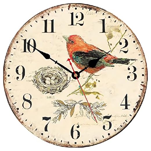 ArogGeld Bird on Branch Pattern Wall Clock Vintage Red Bird Clock Wall Decor 10 Inch Battery Operated Decorative Wall Clock Silent Round Wood Wall Clock Hanging Clocks for Bedroom Living Room Clock
