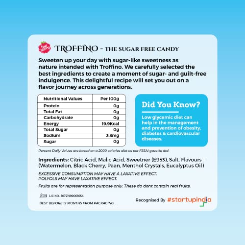 Image of TROFFINO SUGAR FREE Mint Assorted Candy Tin 4 Mouth Watering Mixed Fruit Flavors, (50 Candies) - Black Cherry, Paan, Watermelon, Fresh Mint - Pack of 1