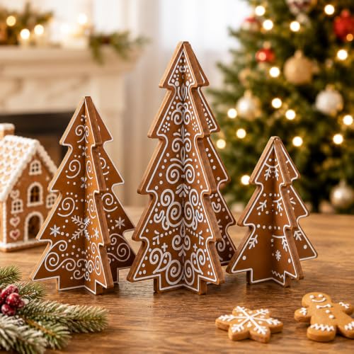 Chumia 3 Pcs 3D Gingerbread Christmas Tree Decor Wooden Christmas Gingerbread Trees Assembled Rustic Farmhouse Vintage Wooden Tabletop Trees Ornaments for Xmas Table Centerpiece Party Decoration
