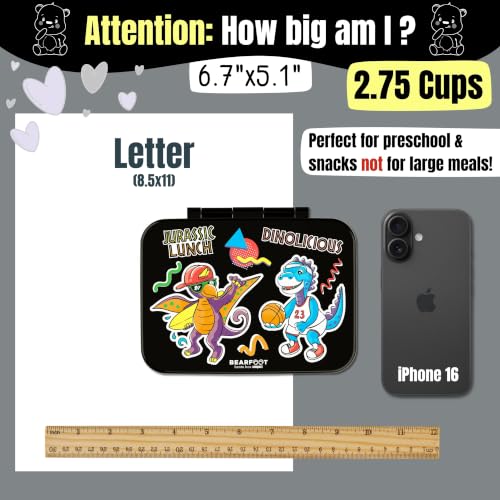 Image of BEARFOOT Kids Lunch Box with Compartments - Compact & Lightweight | Leak-Proof, BPA-Free, Dishwasher Safe | Hand-Drawn Design for Preschool, School, Travel (Dinos Black, 2.75 Cups)