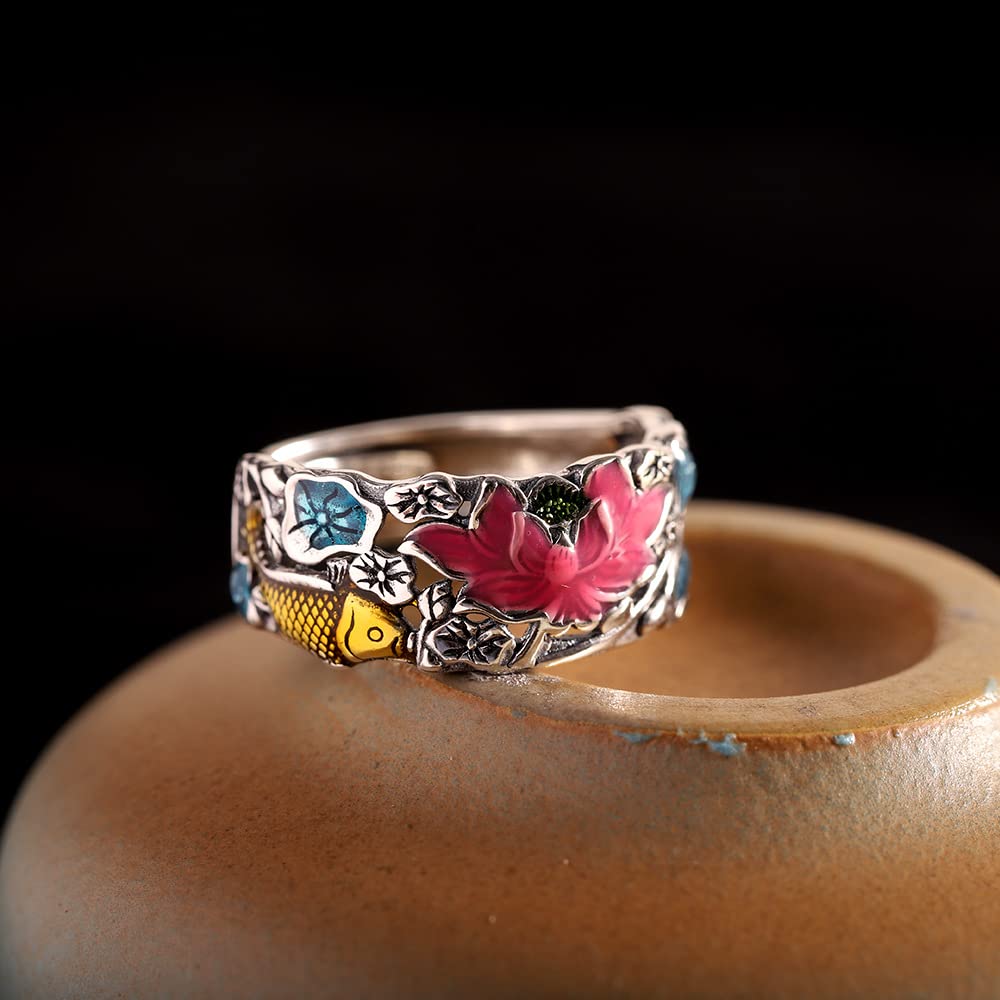 S925 Sterling Silber Charming Pink Lotus Band Ring Golden Lucky Fish Statement Ringe Für Frauen Yoga Medition