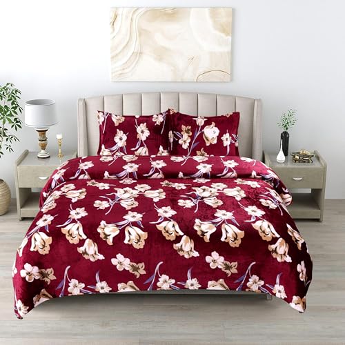 Image of Amor Super Soft 200 GSM Flannel Double Bedsheet with 2 Pillow Covers | Warm Printed Bedsheet for Double Bed (90 x 100 Inches) | Cozy Winter Bedding Set (Maroon)