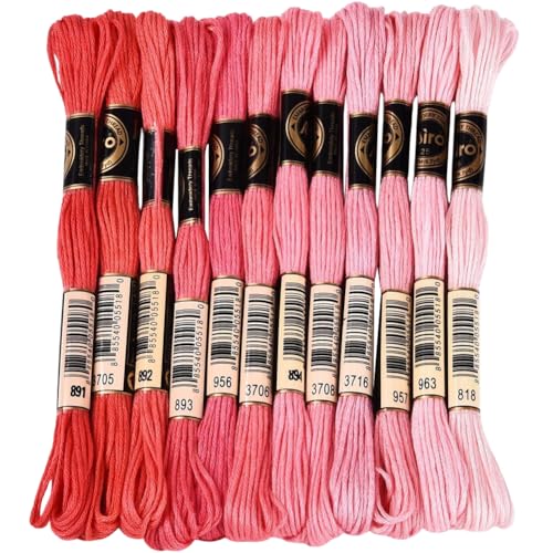 Image of 12 Skeins 105 Yards 6 Strands Pink Embroidery Floss Cord Friendship Bracelet String Threads Variegated Gradient Bulk Cross Stitch Thread Yarn Set for Sewing Making Knitting Craft DIY Supply