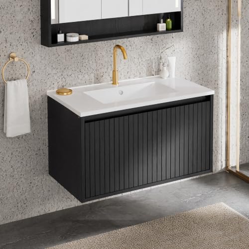 Image of 30 Inch Floating Bathroom Vanity with Ceramic Sink, Modern Striped Wall Mount Vanity Cabinet with Compartmentalized Storage Drawer, Black