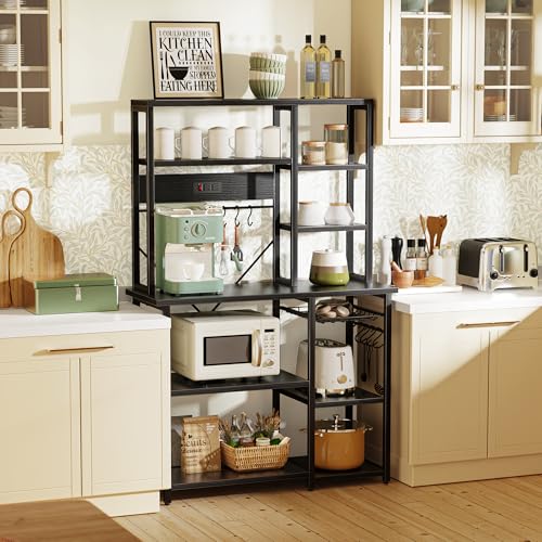 Image of SUPERJARE Large Bakers Rack with Power Outlets, 6-Tier Microwave Stand, Coffee Bar with 12 S-Shaped Hooks, Kitchen Shelf with Wire Basket, 39.4 x 14.6 x 66.9 Inches, Black