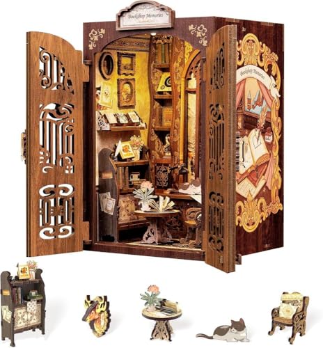 Image of Bookshop Memories Book Nook Kit with LED Light, DIY Miniature Vintage Bookshop Dollhouse, 127PCS 3D Wooden Puzzle Bookshelf Decor, Creative Gift for Adults, Teens & Beginners