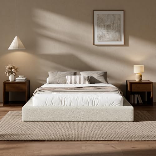 Image of RECCI AirFrame Bed Frame, Cloud Upholstered Platform Bed Frame, 5 Inch Fully Boxy Foam Cushioned, Square Shape Base, No Box Spring Needed, Easy Assembly, Soft Low-Profile (Cream Boucle, Queen)
